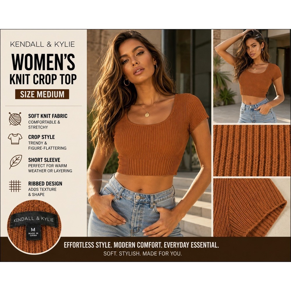 Kendall & Kylie Brown Ribbed Knit Stretch Scoop Neck Crop Top Short Sleeve M